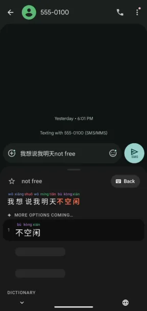 didao open under a chat, with suggestions for the English part of the message and their pinyin.